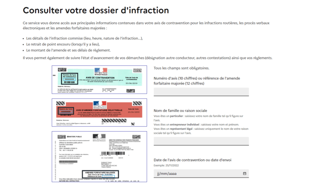 Interface du site de l'ANTAI pour consulter ses amendes