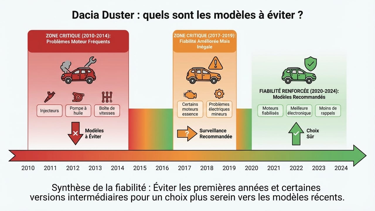 Frise chronologique de 2010 à 2024 classant les années de production du Dacia Duster par code couleur : rouge (à éviter), orange (vigilance), vert (recommandé).