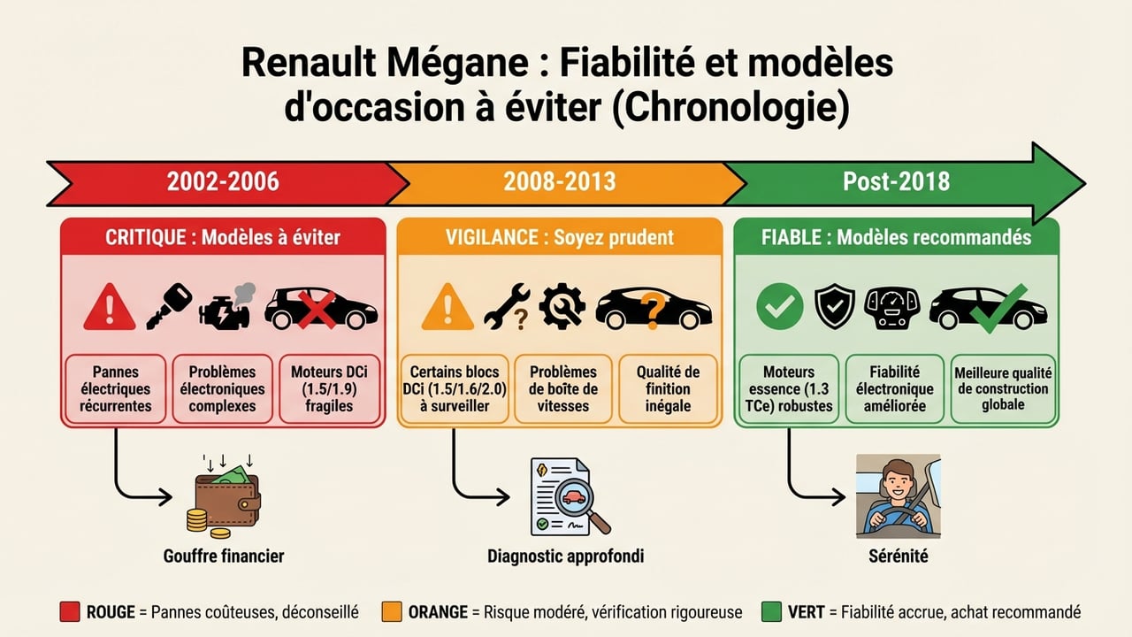 Graphique chronologique montrant les pics de pannes sur la Mégane 2 et 3, et l'amélioration de la fiabilité sur les phases récentes.