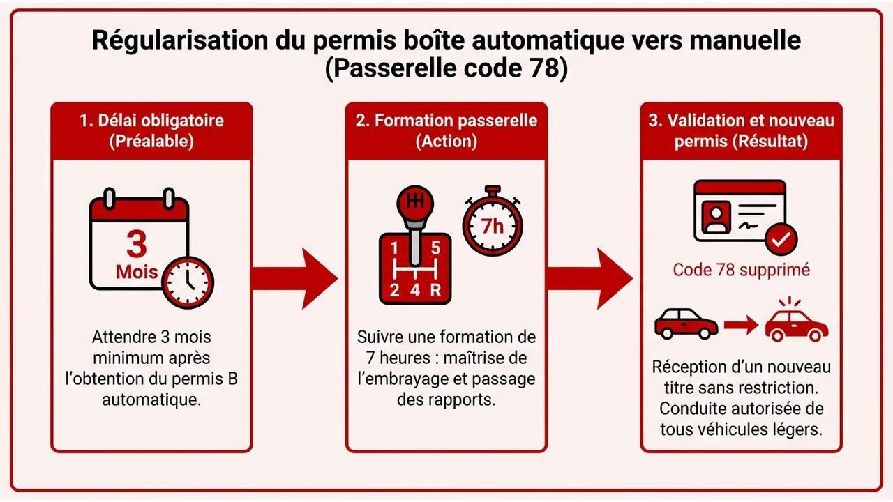 Schéma des étapes de conversion : obtention du permis auto, délai de 3 mois, formation de 7h, et réception du titre définitif.