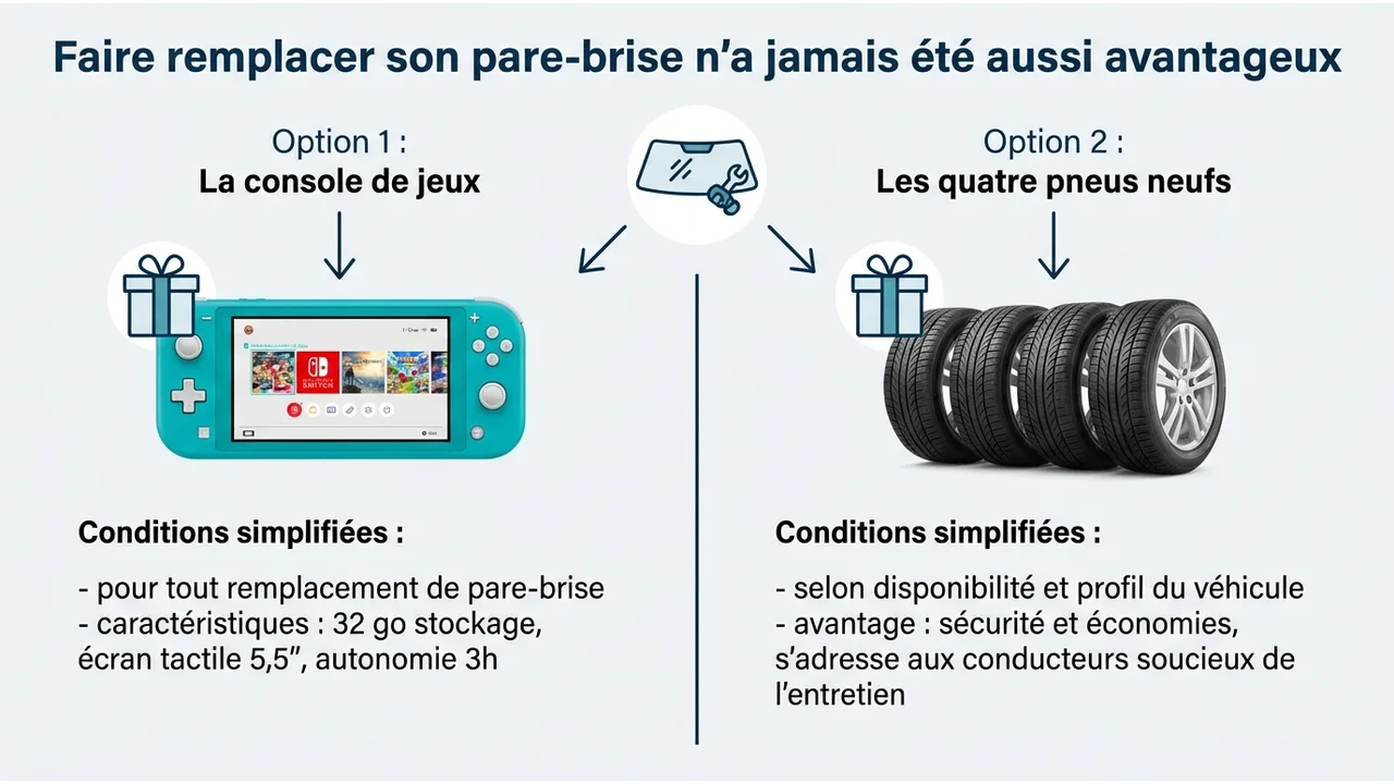 Visuel comparatif présentant les options de cadeaux : une Nintendo Switch Lite, un pack de 4 pneus neufs ou des chèques cadeaux de 150€ à 200€.