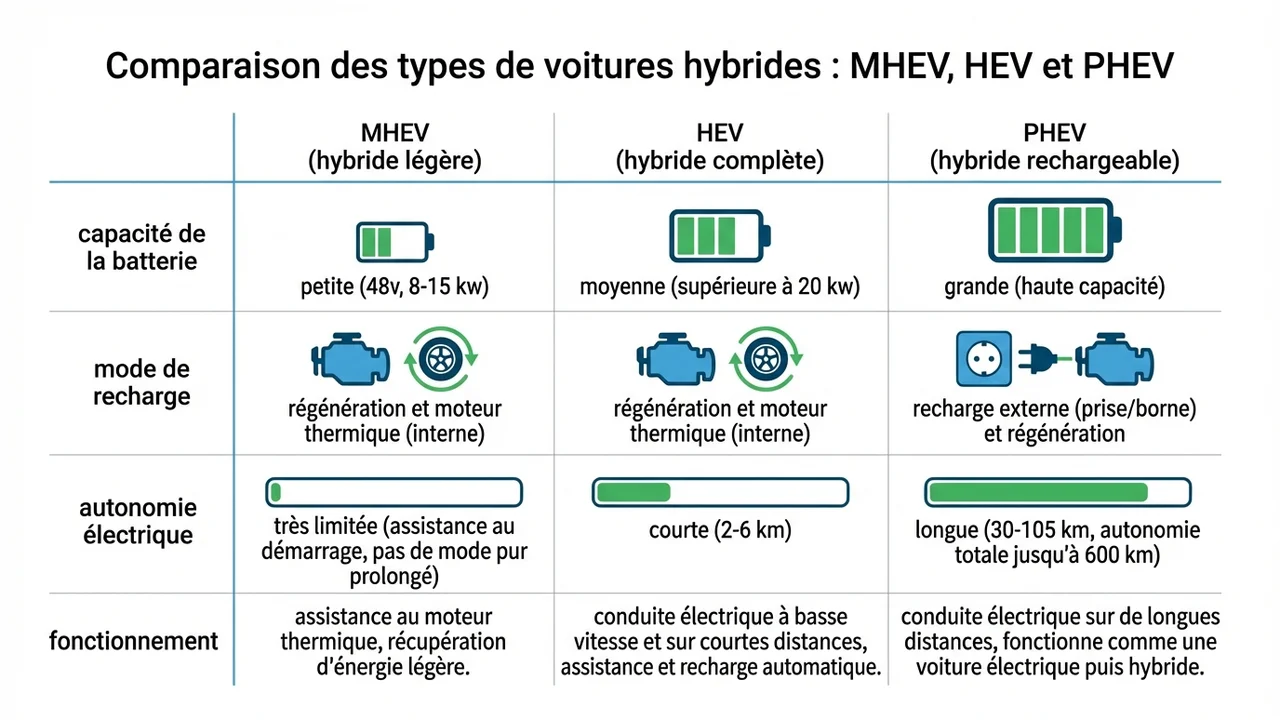 Tableau infographique comparant la taille de batterie, l'autonomie électrique et le mode de recharge des systèmes MHEV, HEV et PHEV.