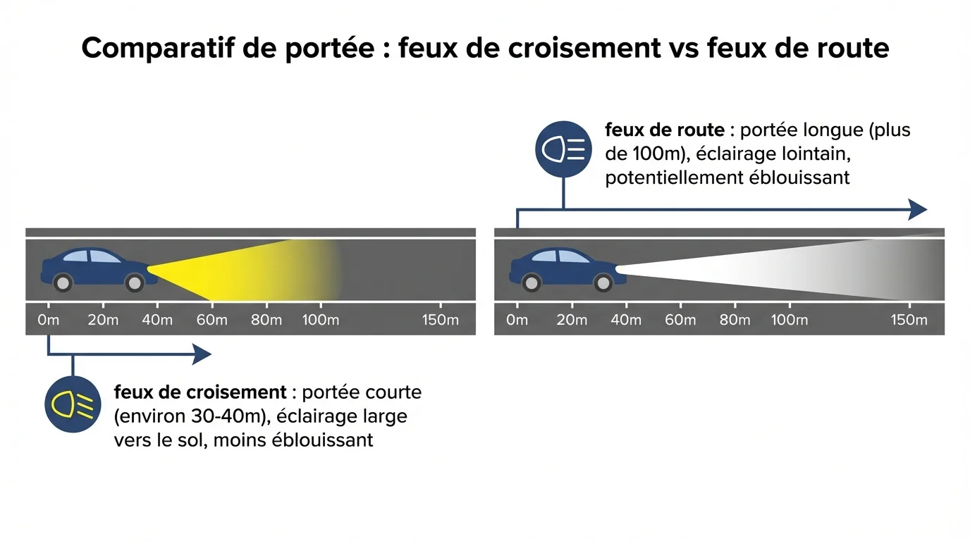 Comparatif de portée : Feux de croisement vs Feux de route