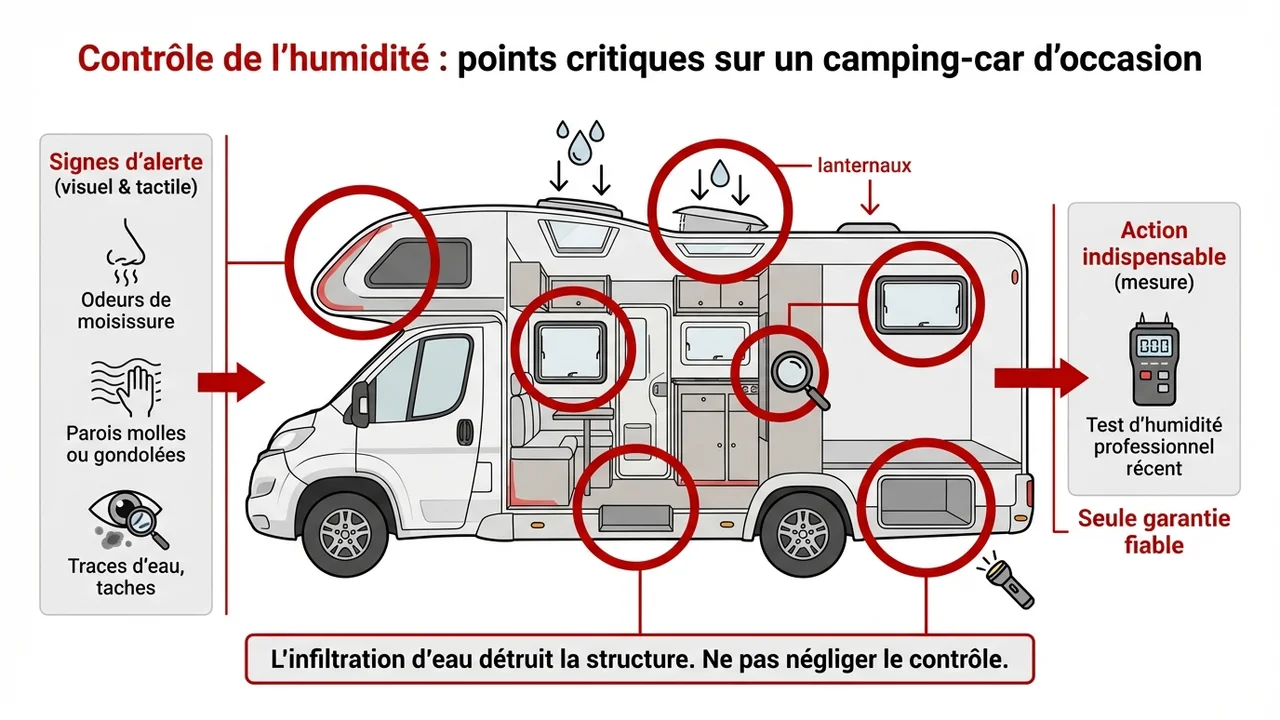 Schéma technique d'une cellule de camping-car pointant les lanterneaux, les angles de placards et les joints de baies.
