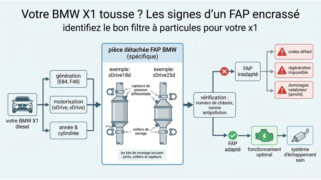 Schéma technique comparant les points de fixation et l'emplacement des sondes sur un FAP de BMW X1 première génération vs seconde génération.