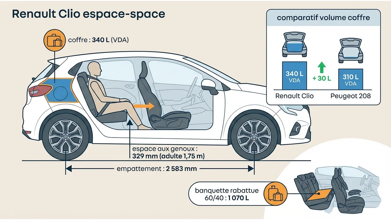 Schéma technique de l'intérieur de la Clio mettant en avant l'empattement et le volume du coffre de 340 litres.
