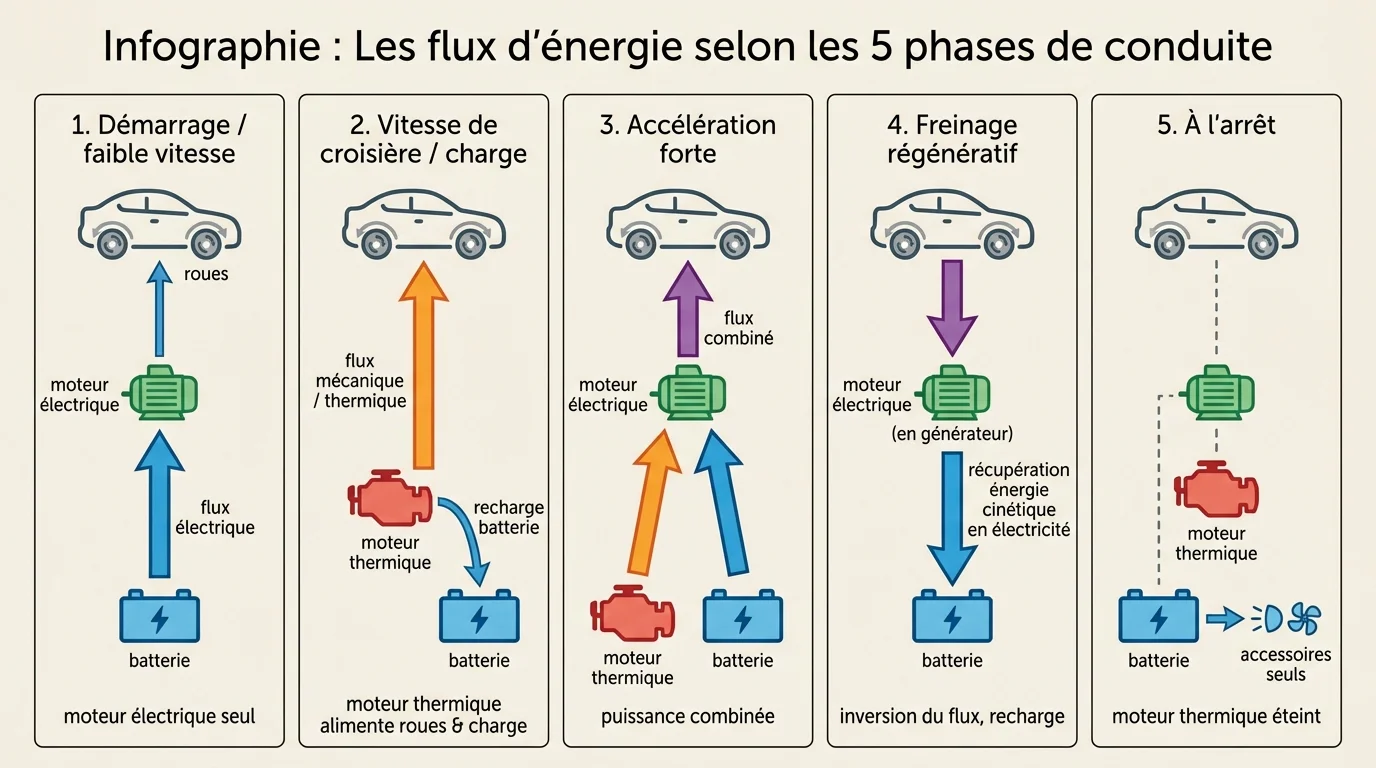 Infographie : Les flux d'énergie selon les 5 phases de conduite