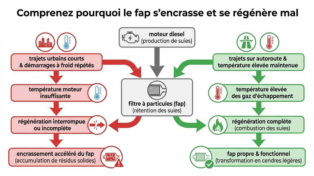 Diagramme de flux montrant le processus de stockage des particules en ville et leur combustion lors d'un trajet autoroutier.