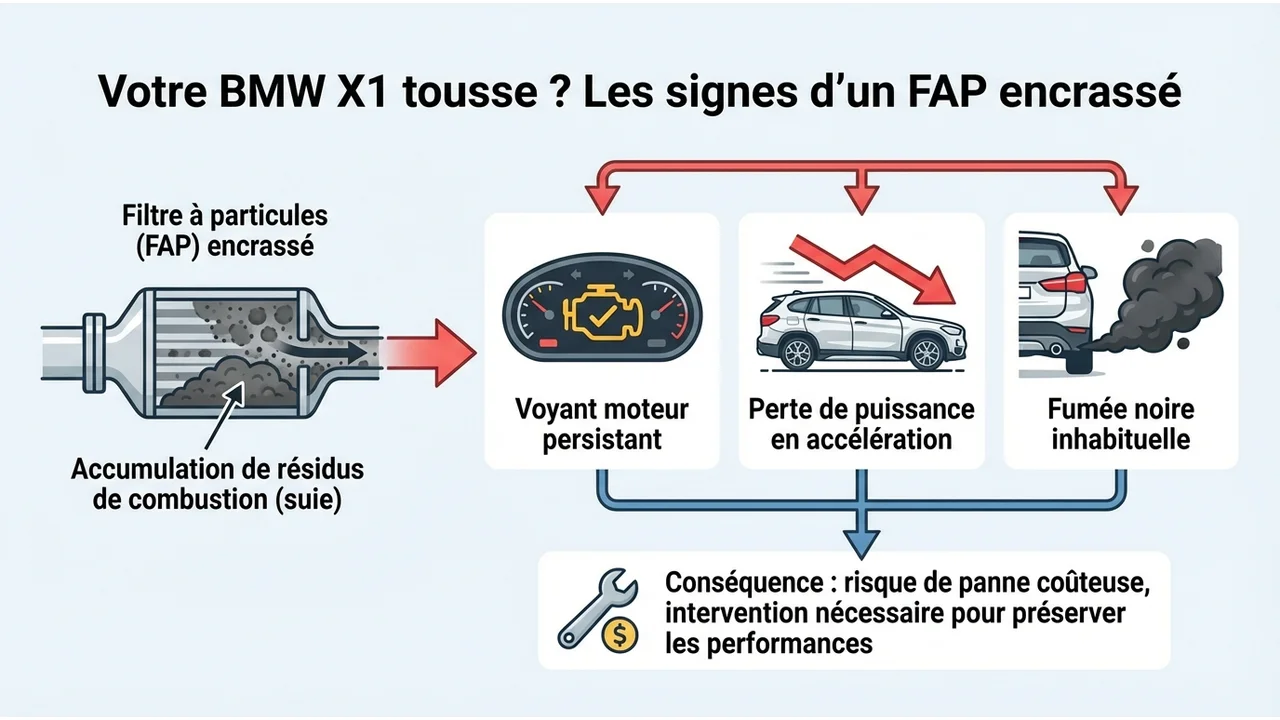 Infographie illustrant les symptômes d'un FAP encrassé : voyant moteur orange, perte de puissance, fumée noire et mode dégradé.