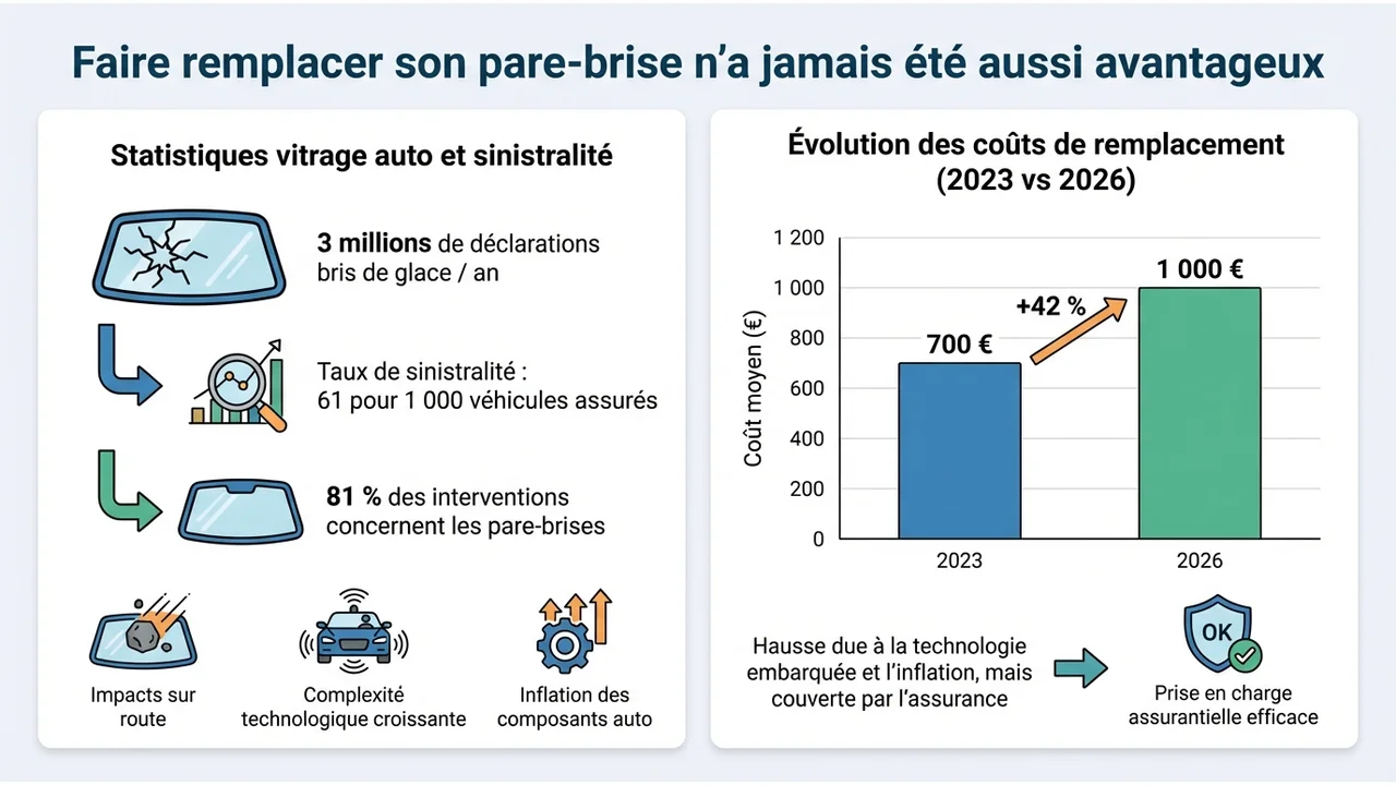 Infographie illustrant les causes de bris de glace (50% gravillons, 25% chocs thermiques, 20% vandalisme) et l'augmentation du coût moyen de 700€ en 2023 à plus de 1000€ en 2026.