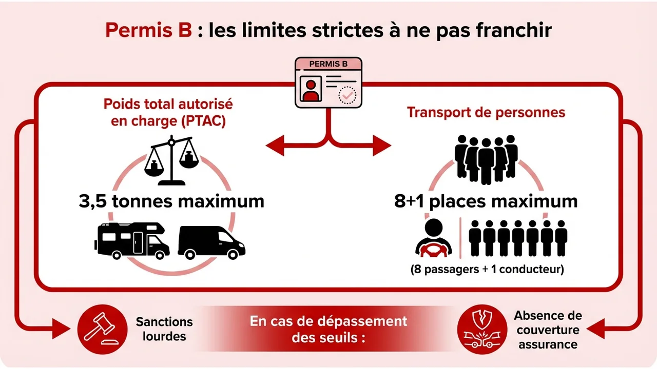 Infographie résumant les limites du permis B : poids total autorisé en charge (PTAC) de 3,5 tonnes maximum et transport de 8 passagers au plus.
