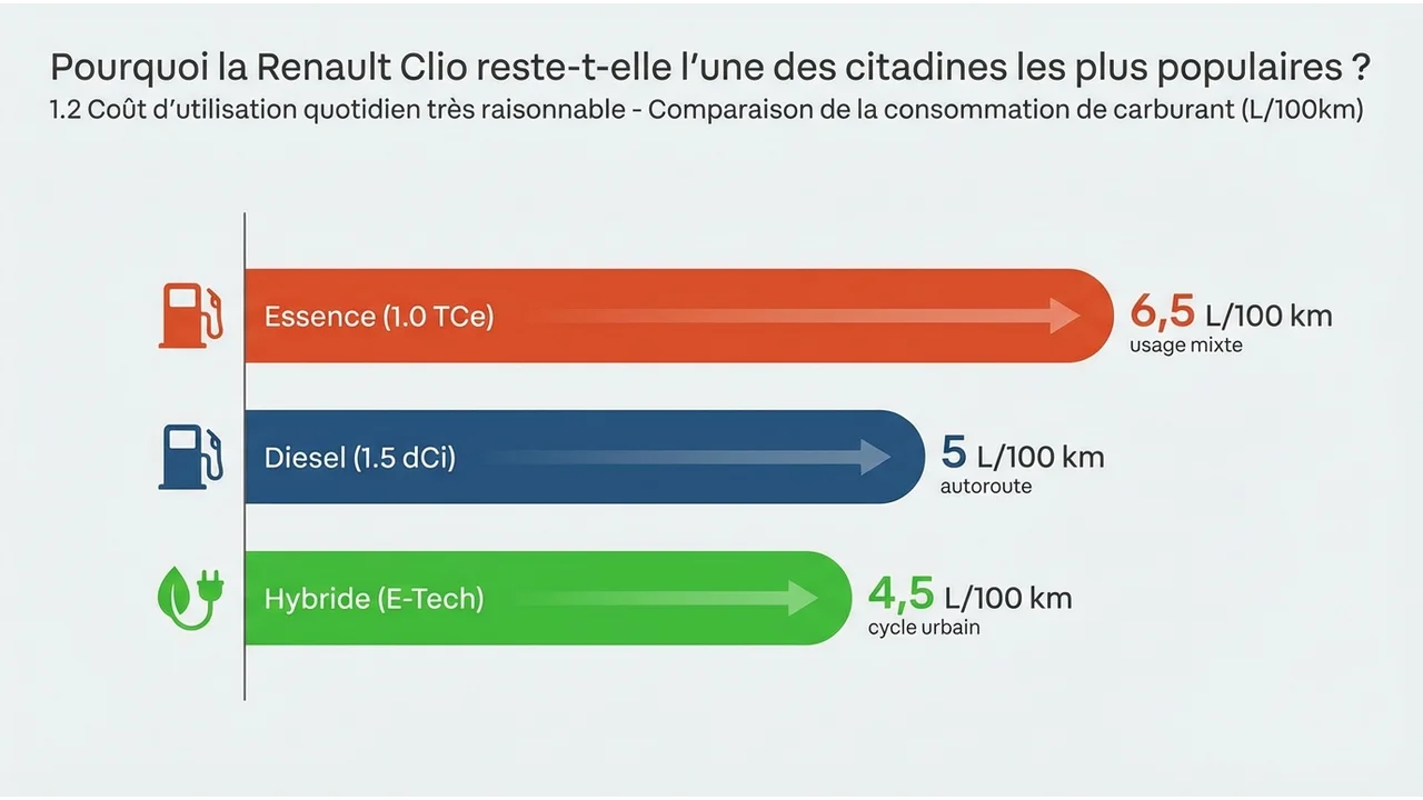 Graphique comparatif des consommations de carburant entre les moteurs Essence, Hybride E-Tech et Diesel de la Renault Clio.