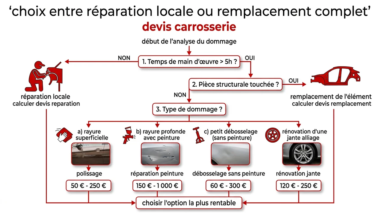 Schéma décisionnel montrant les critères de choix entre le redressage de la tôle et le remplacement total de la pièce en fonction du coût de la main-d'œuvre et du prix de la pièce neuve.