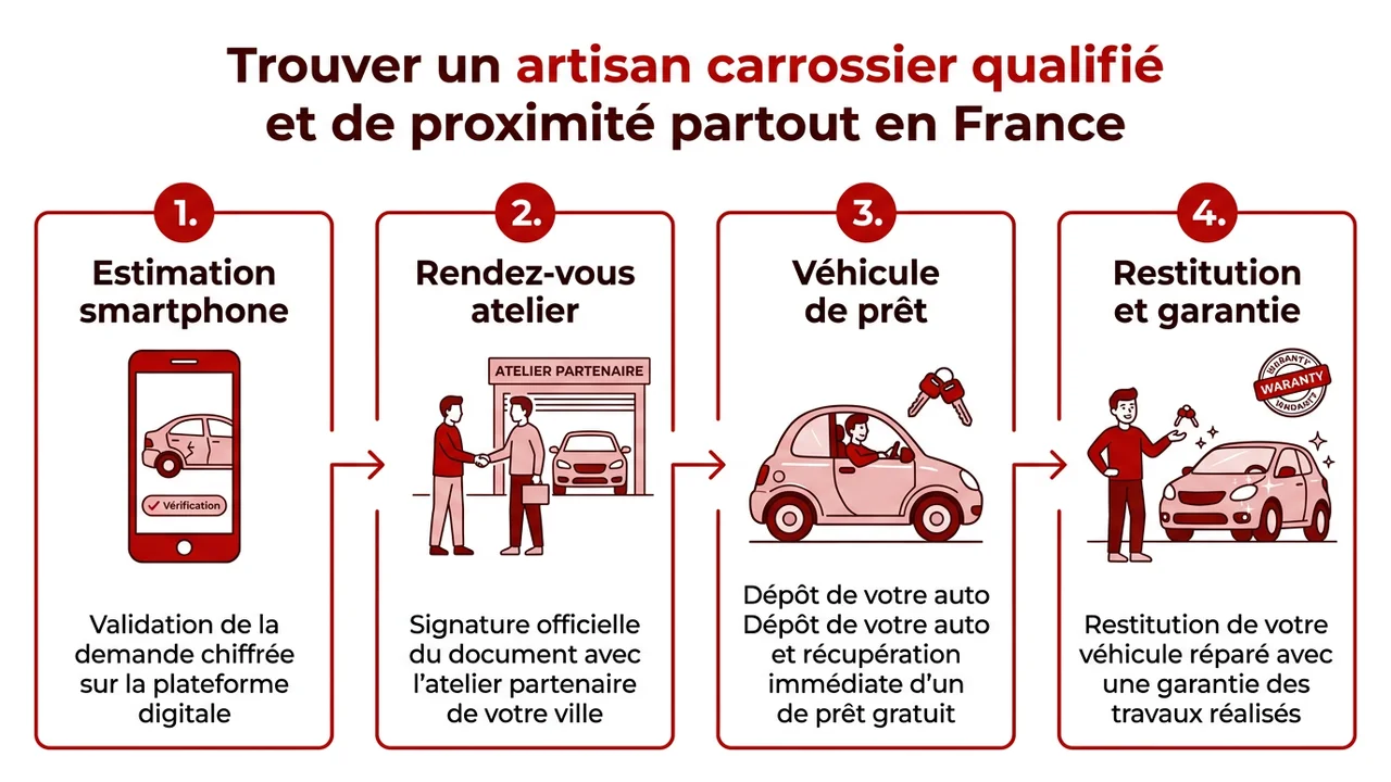 Graphique chronologique détaillant le parcours client : de l'estimation en ligne à la restitution du véhicule propre avec sa garantie à vie.