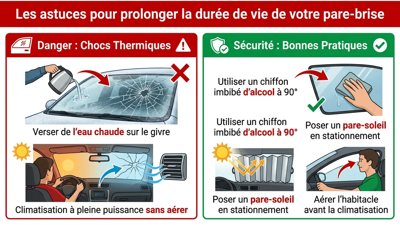 Comparaison visuelle entre les gestes dangereux comme l'eau chaude et les solutions sûres comme l'alcool à 90 degrés ou la climatisation progressive.
