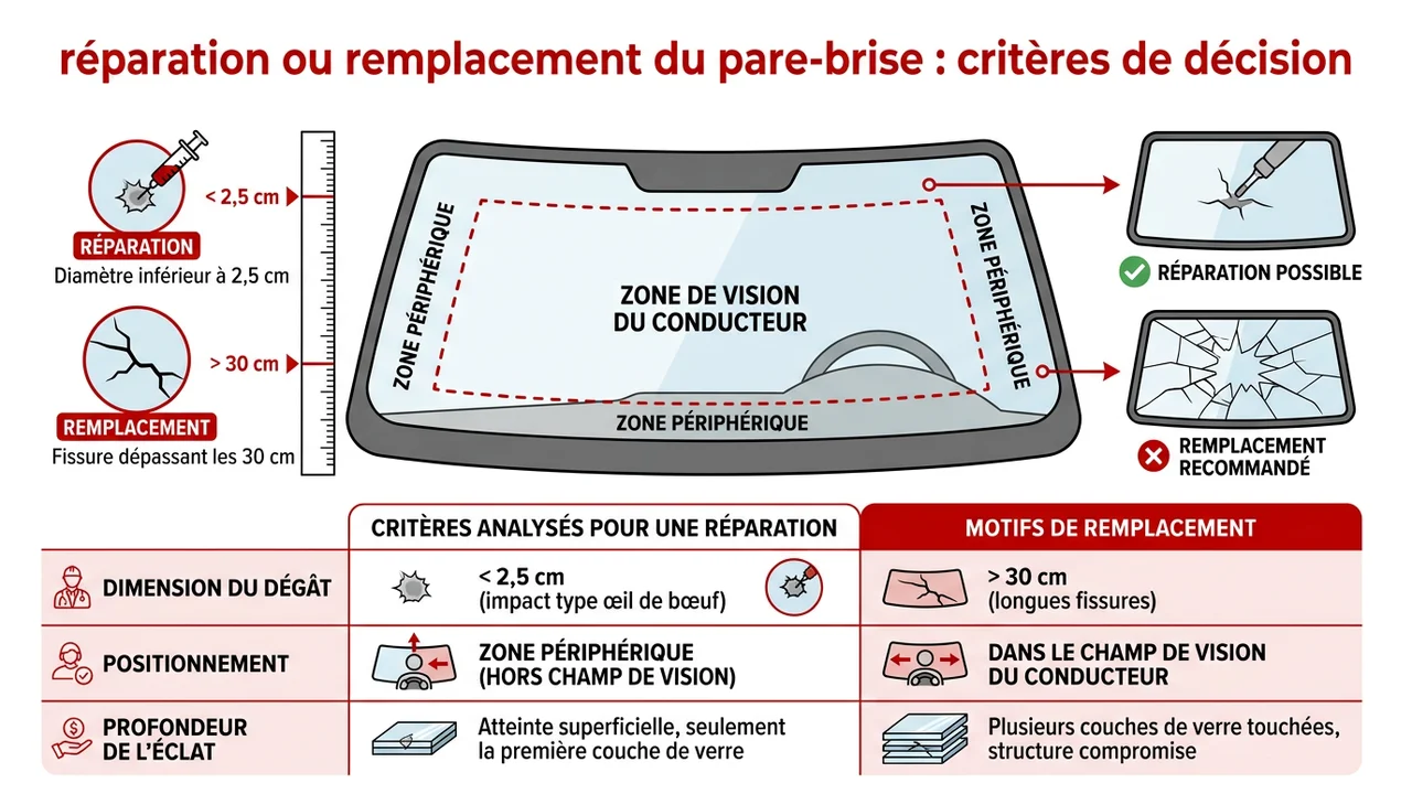 Schéma explicatif montrant la taille maximale de l'impact (pièce de 2€) et les zones où la réparation est proscrite (champ de vision).