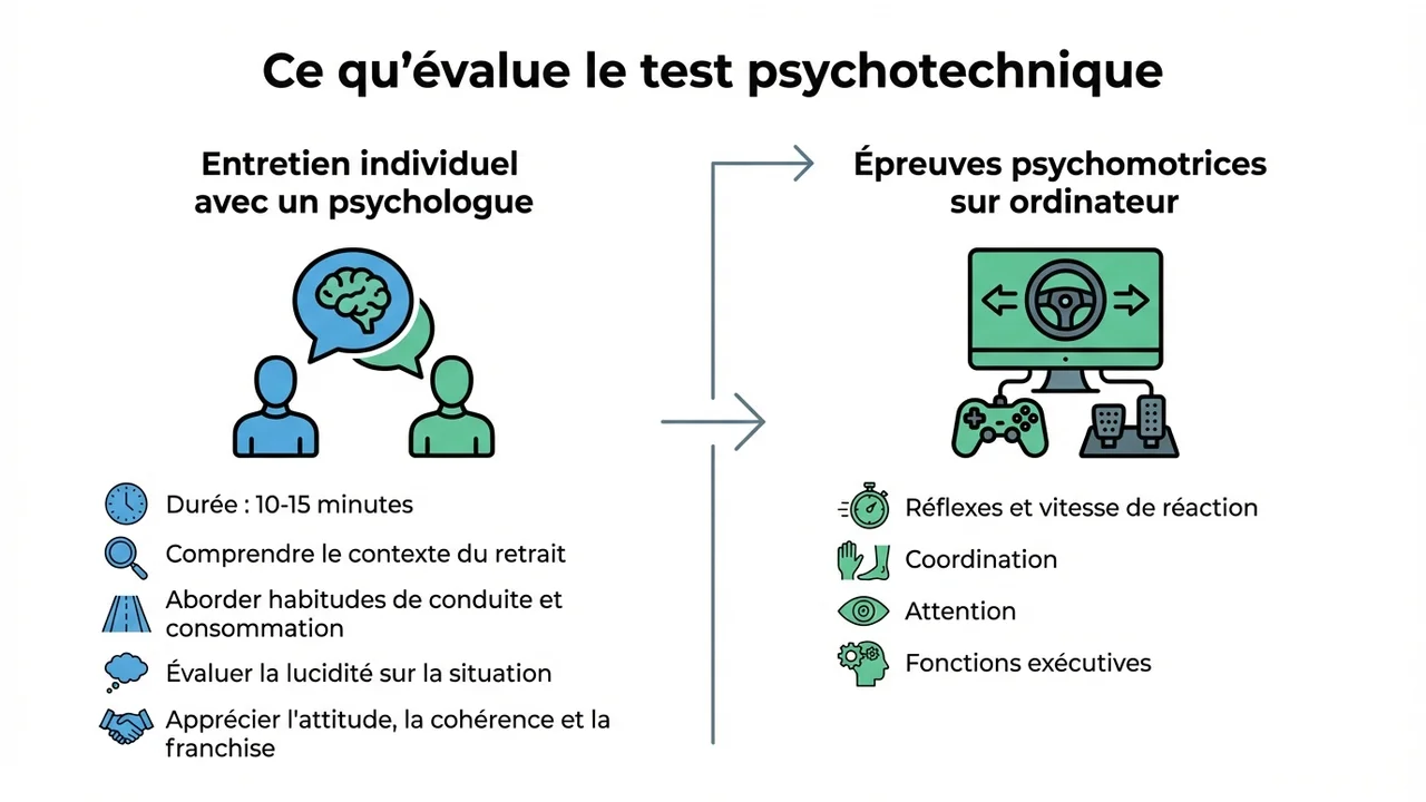 Illustration divisée en deux parties : l'entretien clinique (15 min) et les tests psychomoteurs (40 min+) sur automate de test.