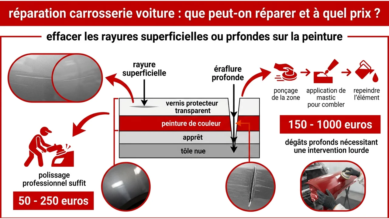 Infographie montrant la profondeur d'une rayure sur le vernis par rapport à une rayure profonde atteignant la tôle, avec les tarifs moyens estimés pour chaque intervention.