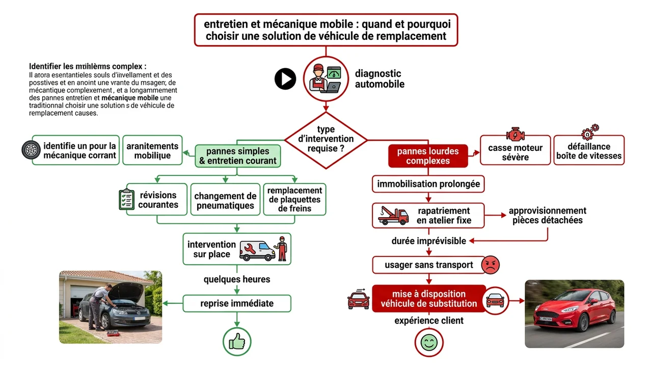 Diagramme décisionnel montrant le choix entre une réparation immédiate à domicile et la mise à disposition d'un véhicule de remplacement pour les pannes complexes.