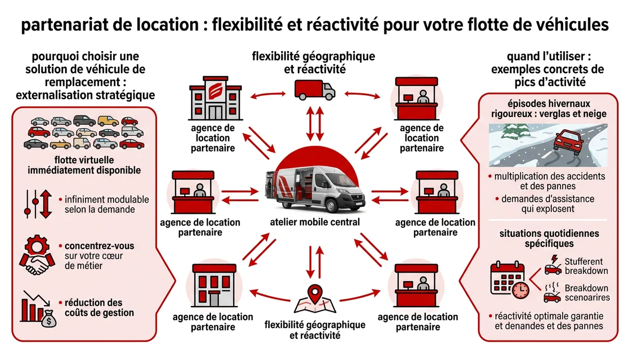 Schéma montrant l'atelier mobile connecté à un réseau national d'agences de location pour une disponibilité immédiate sans gestion de stock.