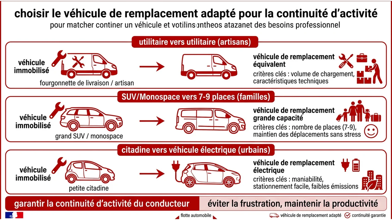 Infographie illustrant la correspondance entre le véhicule immobilisé et le véhicule de prêt pour les professionnels, les familles et les citadins.