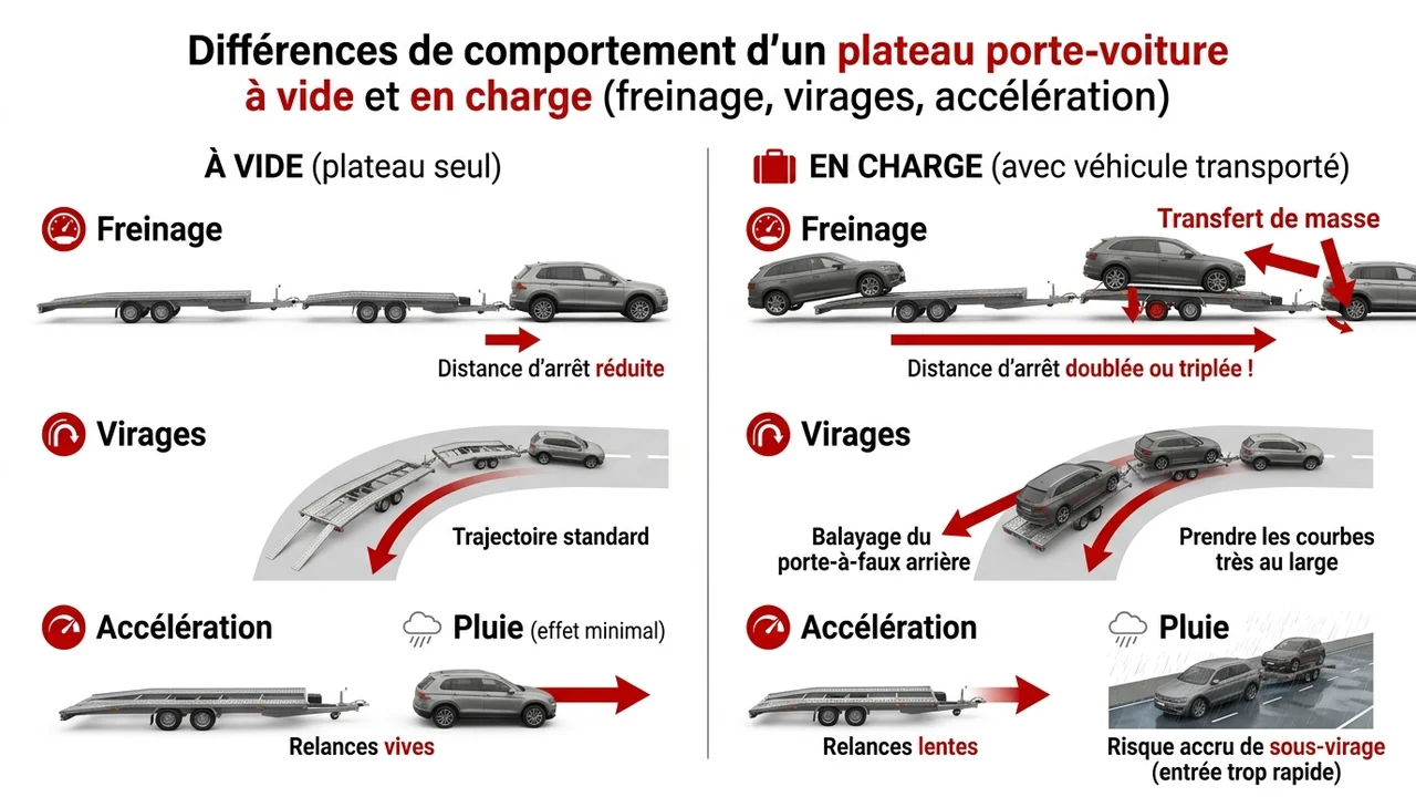 Illustration comparative montrant la trajectoire élargie d'un camion plateau dans un virage et l'allongement de la distance de freinage avec charge.