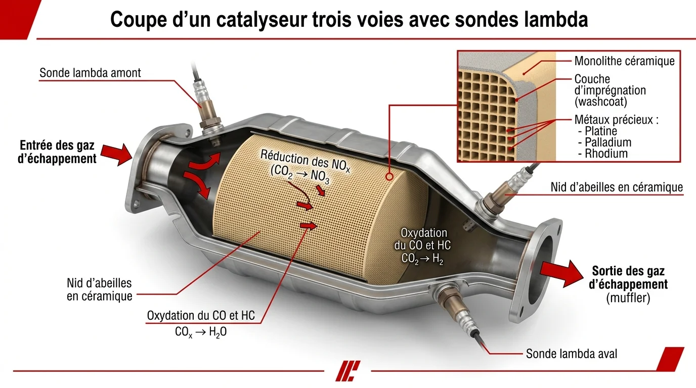 Coupe d'un catalyseur trois voies avec sondes lambda