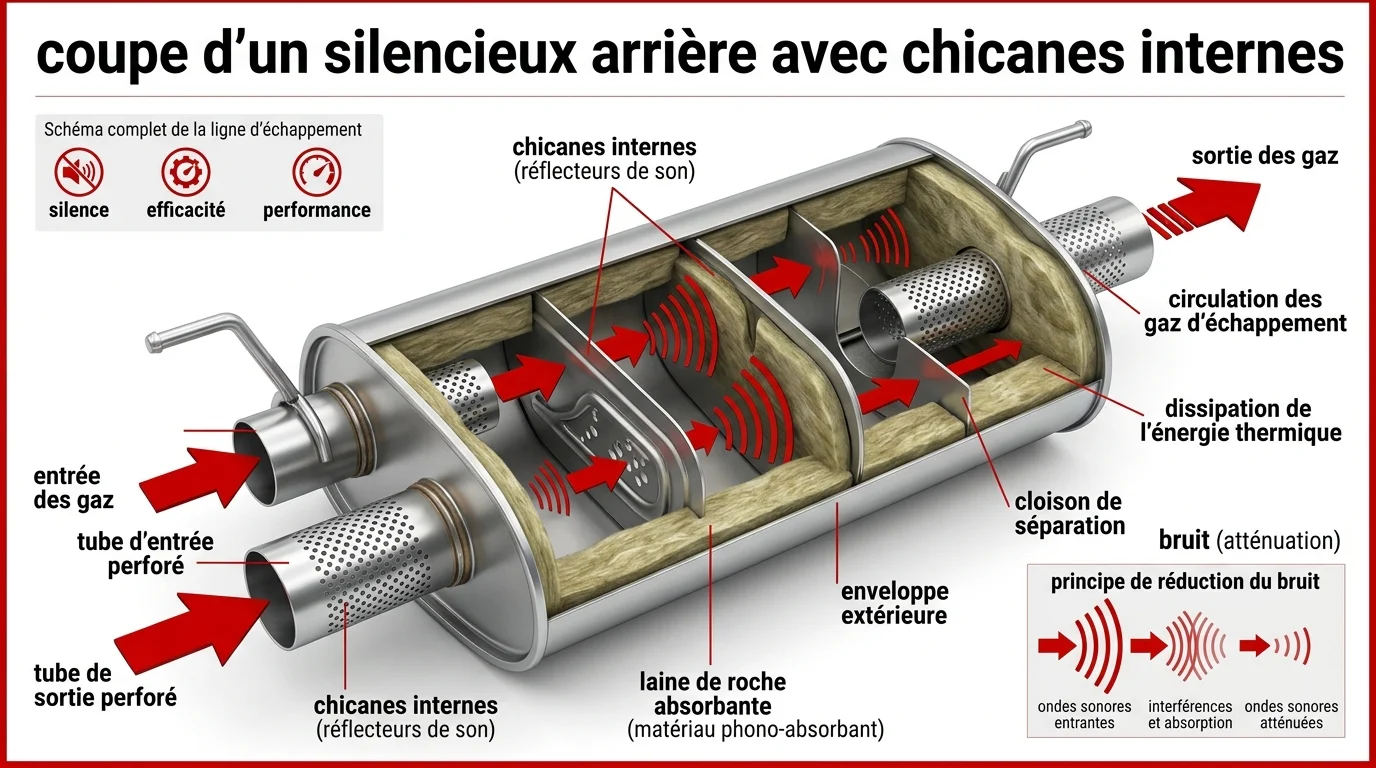 Coupe d'un silencieux arrière avec chicanes internes