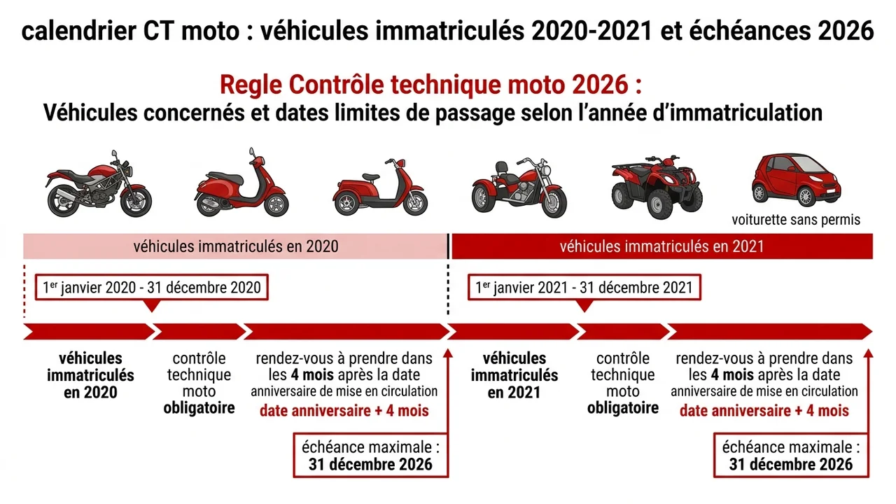 Frise chronologique montrant les dates limites de passage au contrôle technique moto : avant fin 2024 pour les motos d'avant 2017, fin 2025 pour celles de 2017-2019, et courant 2026 pour les modèles 2020-2021.