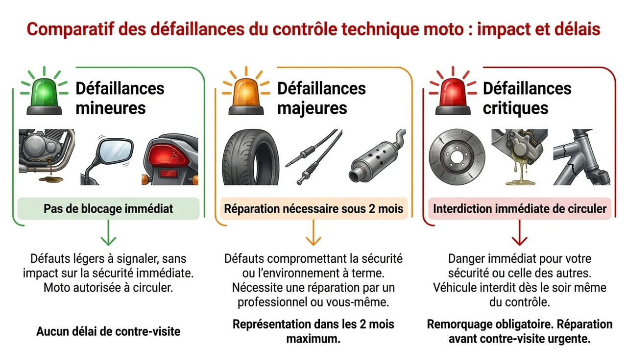 Tableau comparatif des défaillances mineures (simple mention), majeures (réparation sous 2 mois) et critiques (interdiction de circuler immédiate).
