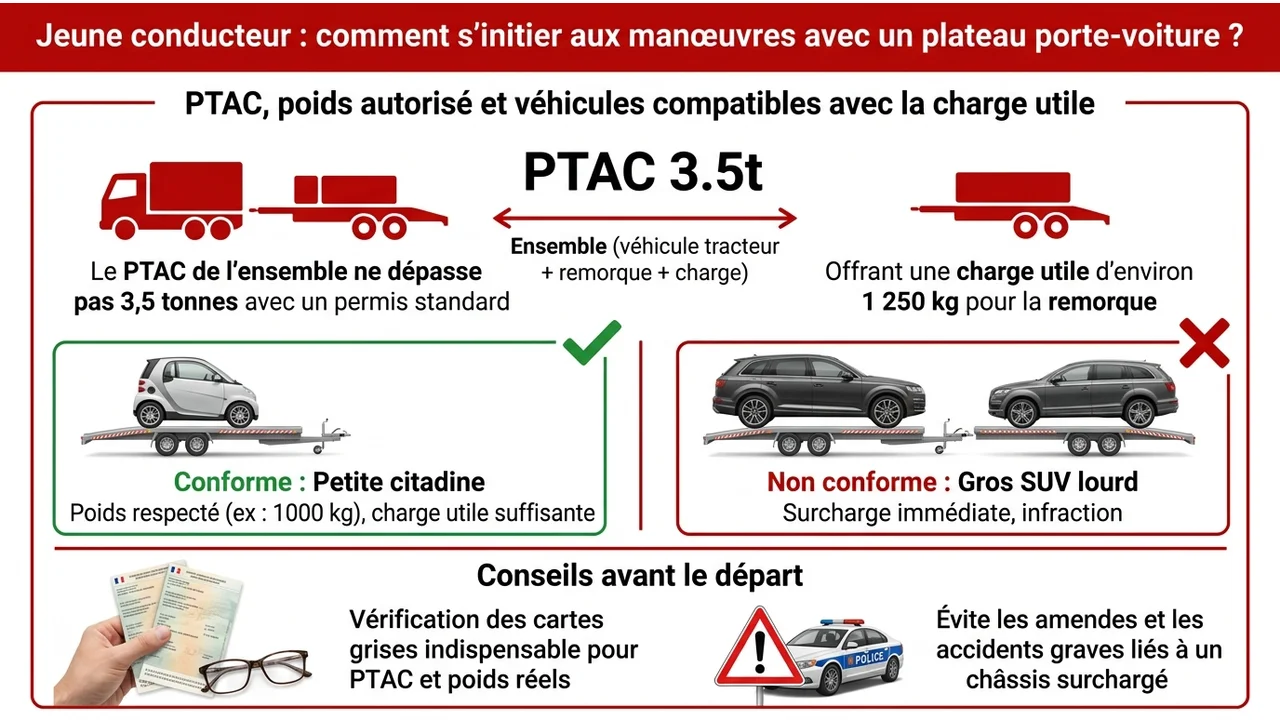 Infographie montrant la répartition du poids : Véhicule tracteur + plateau vide + voiture transportée = maximum 3,5 tonnes (PTAC).