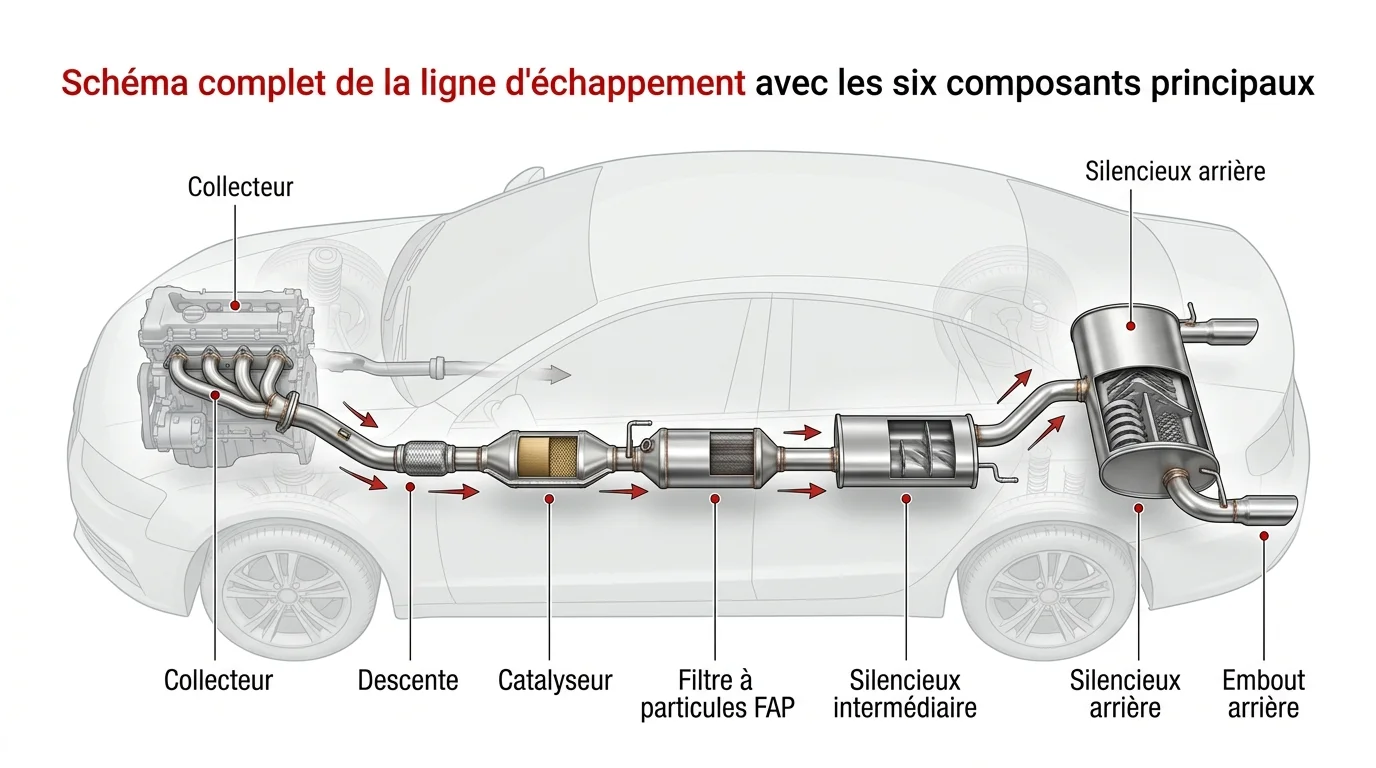Schéma complet de la ligne d'échappement avec les six composants principaux