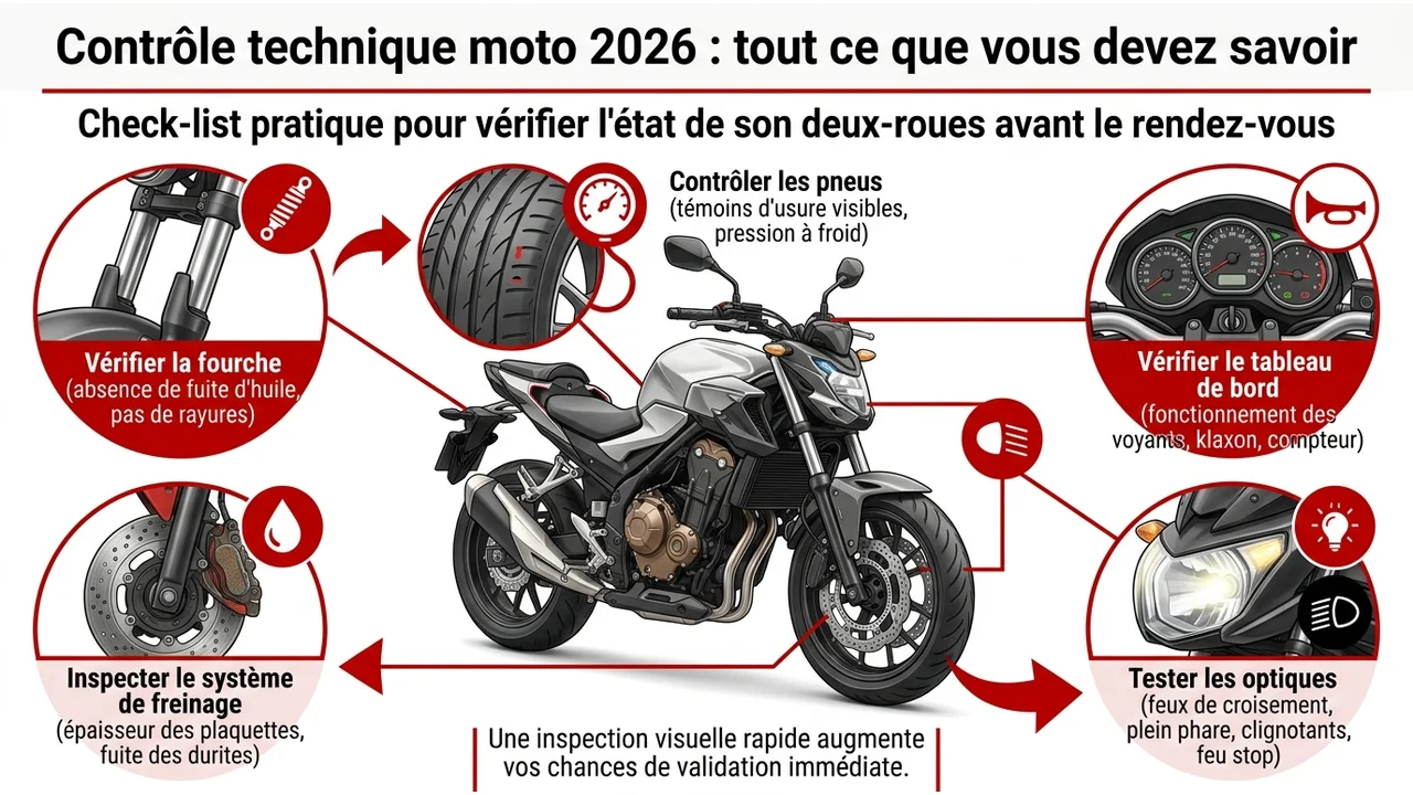 Schéma d'une moto vue de profil identifiant les zones clés à vérifier : état des pneus, épaisseur des plaquettes de frein, fonctionnement des clignotants et fixation de la plaque.