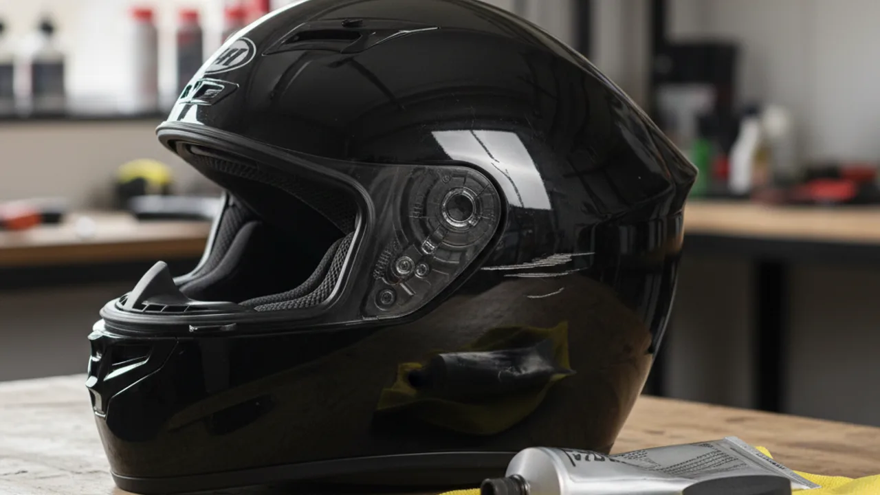 Casque moto intégral noir avec rayure sur la coque, accessoires de polish posés à côté