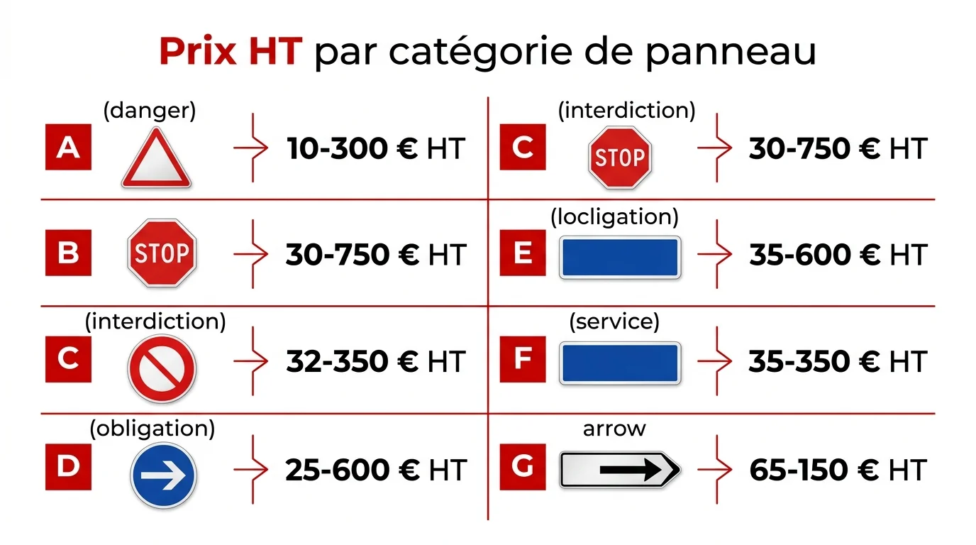 Comparatif des prix des panneaux de signalisation par catégorie A à G