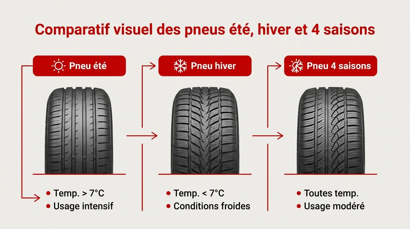 Comparatif visuel des pneus été, hiver et 4 saisons