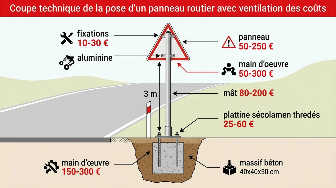 Coupe technique de la pose d'un panneau routier avec ventilation des coûts