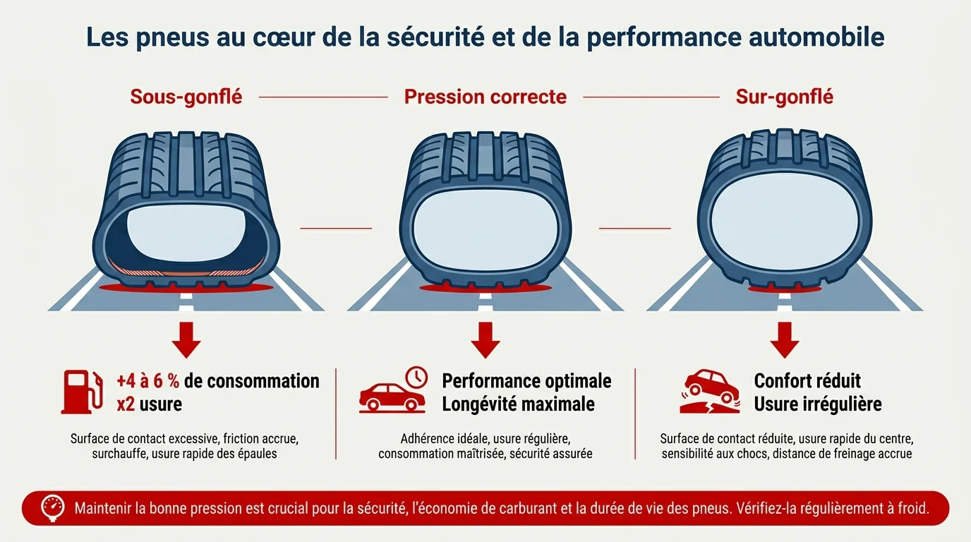 Schéma des trois états de pression d'un pneu et impact sur la consommation
