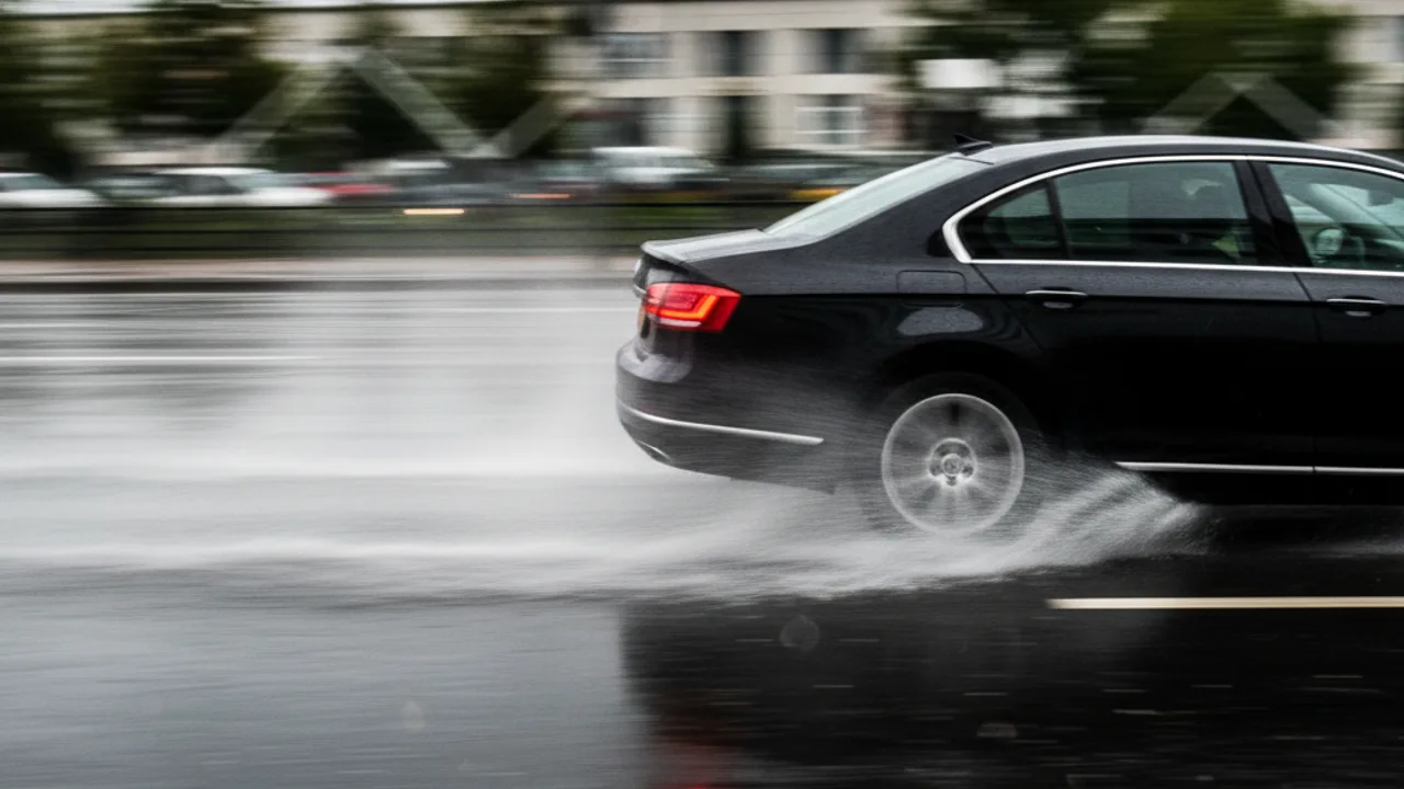 Voiture freinant sur chaussée mouillée, gerbe d'eau visible sur les pneus arrière