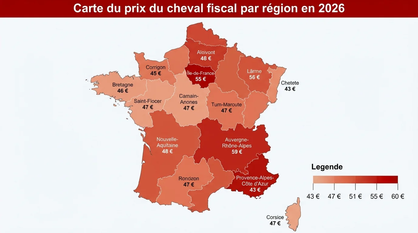Carte du prix du cheval fiscal par région en 2026