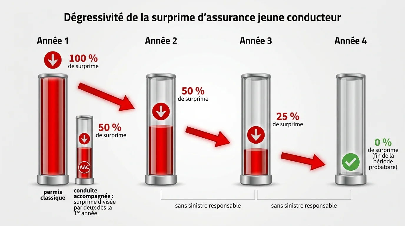 Dégressivité de la surprime d'assurance pour un jeune conducteur sur 4 ans