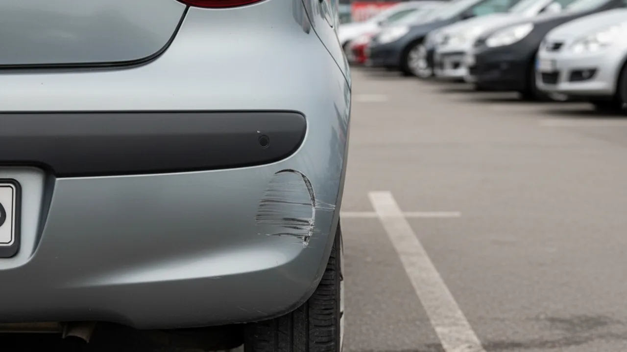 Pare-chocs rayé sur un parking après un petit accrochage