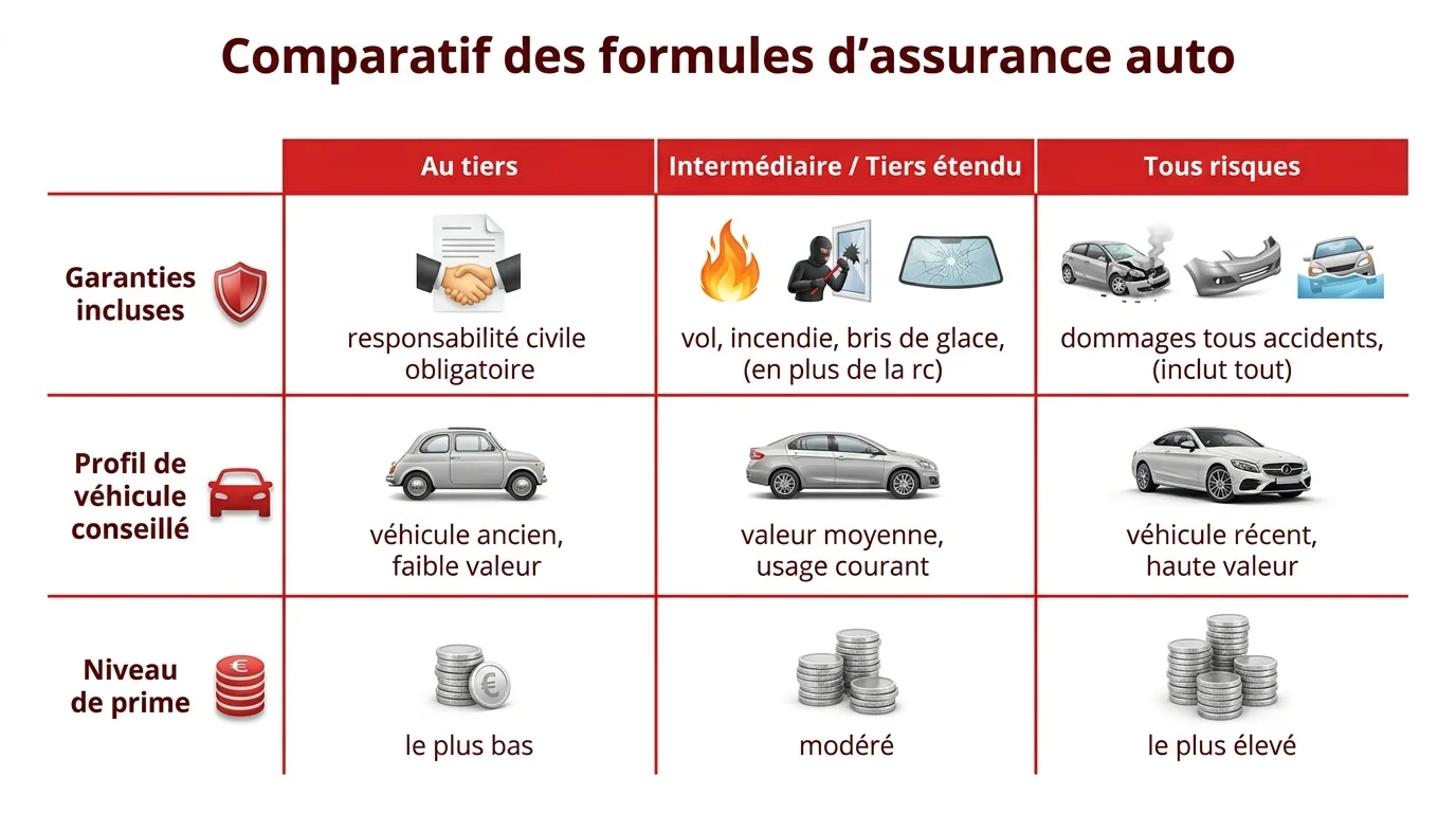 Comparatif des formules d'assurance auto : tiers, intermediaire et tous risques
