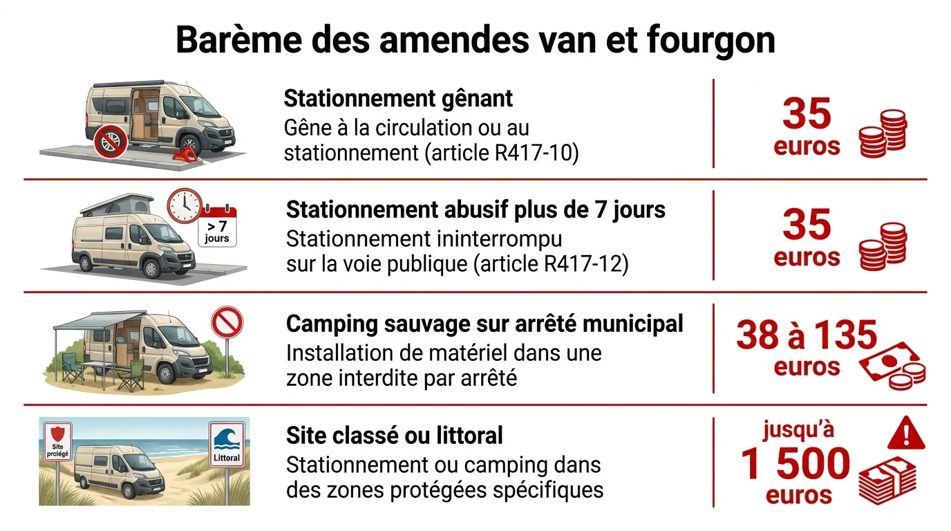 Barème 2026 des amendes selon la situation, du stationnement gênant au camping en site classé