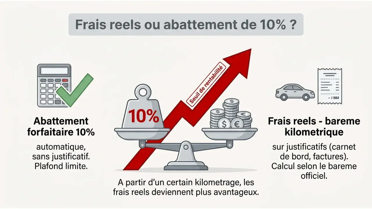 Comparaison entre l'abattement forfaitaire de 10% et les frais réels au barème kilométrique