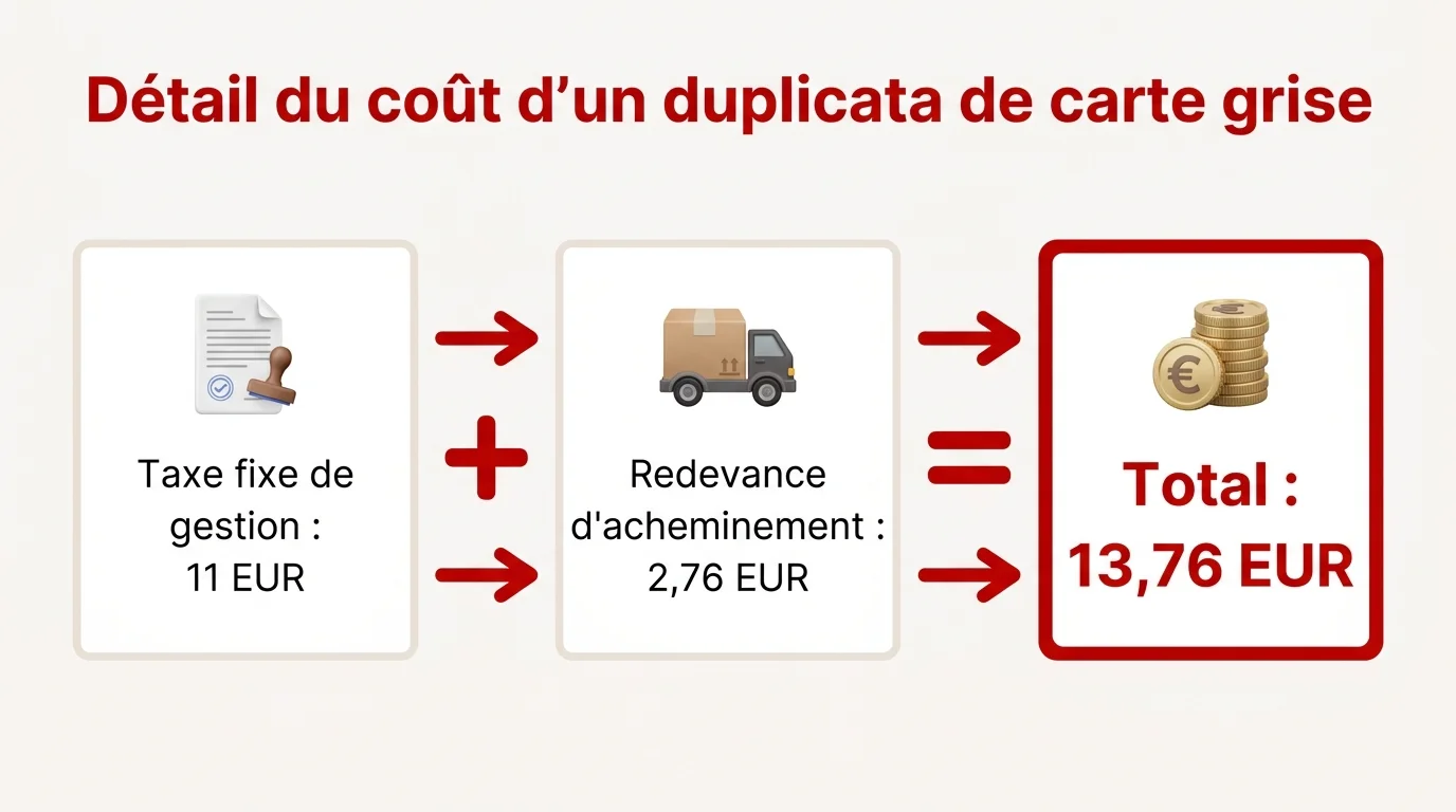 Détail du coût d'un duplicata de carte grise : 11 EUR + 2,76 EUR = 13,76 EUR