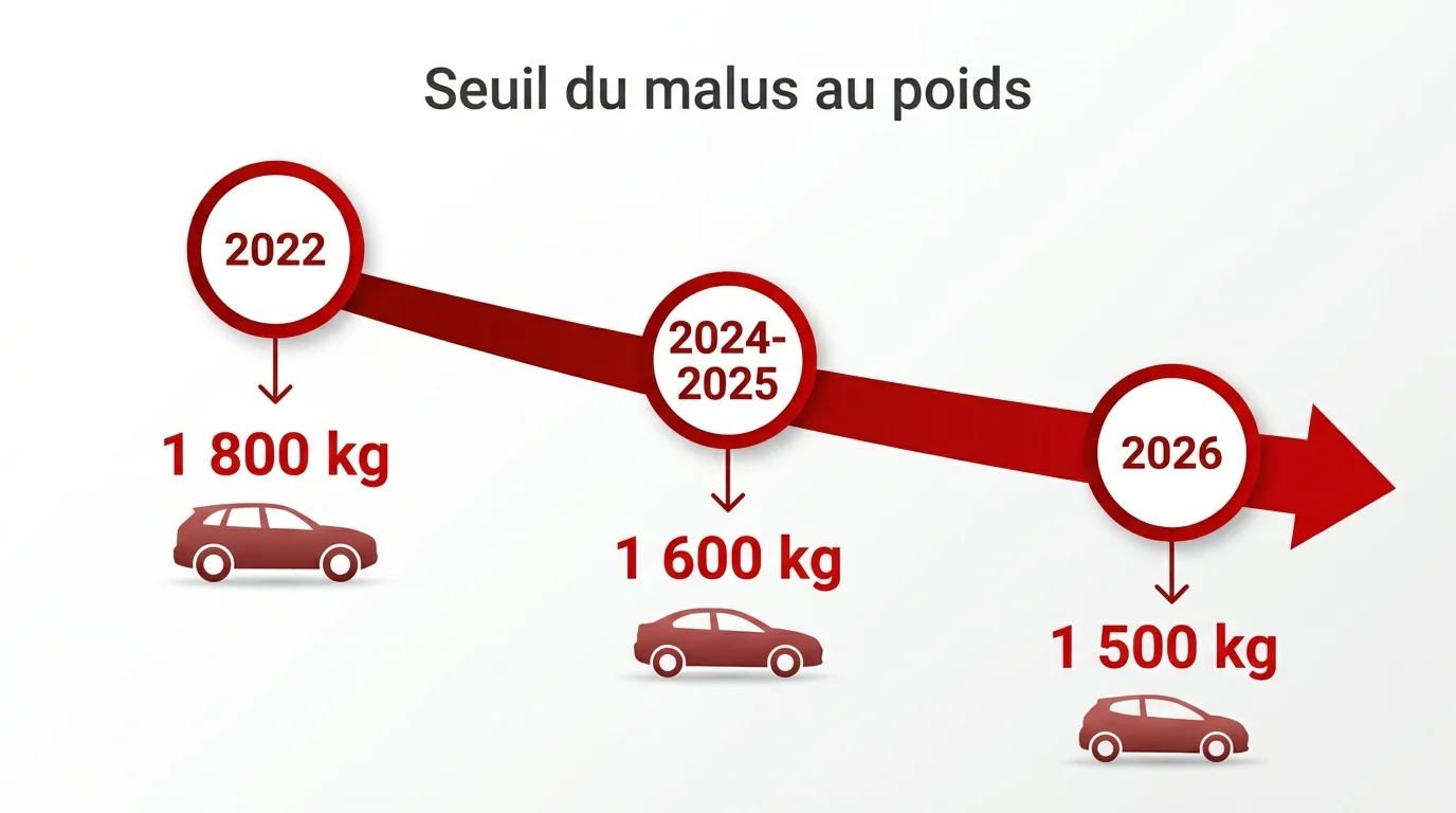 Évolution du seuil du malus au poids : 1 800 kg en 2022, 1 600 kg en 2025, 1 500 kg en 2026