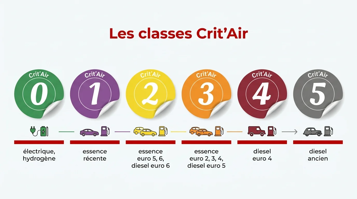 Les 6 classes de la vignette Crit'Air, de la classe 0 verte à la classe 5 grise