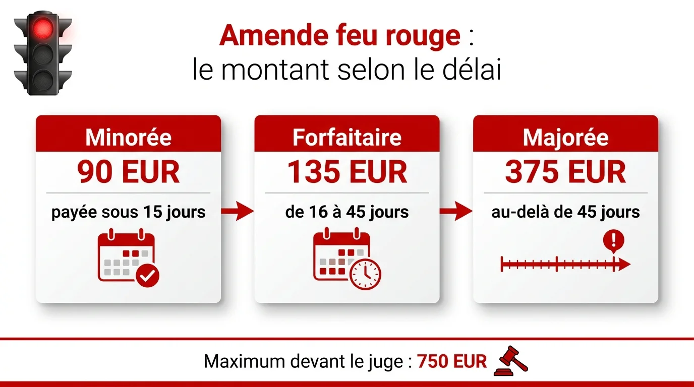 Montant de l'amende pour feu rouge selon le délai de paiement