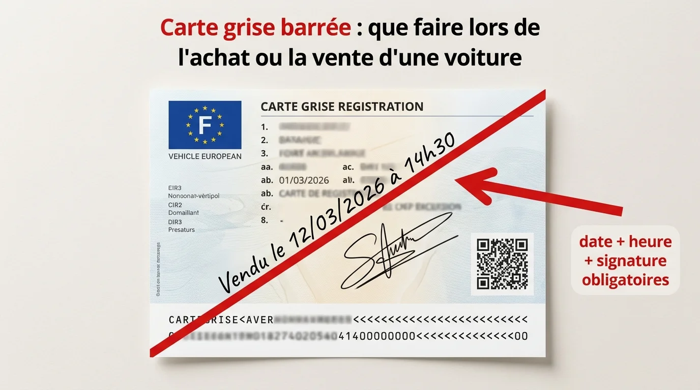 Où et comment barrer la carte grise avec la mention Vendu le, la date, l'heure et la signature